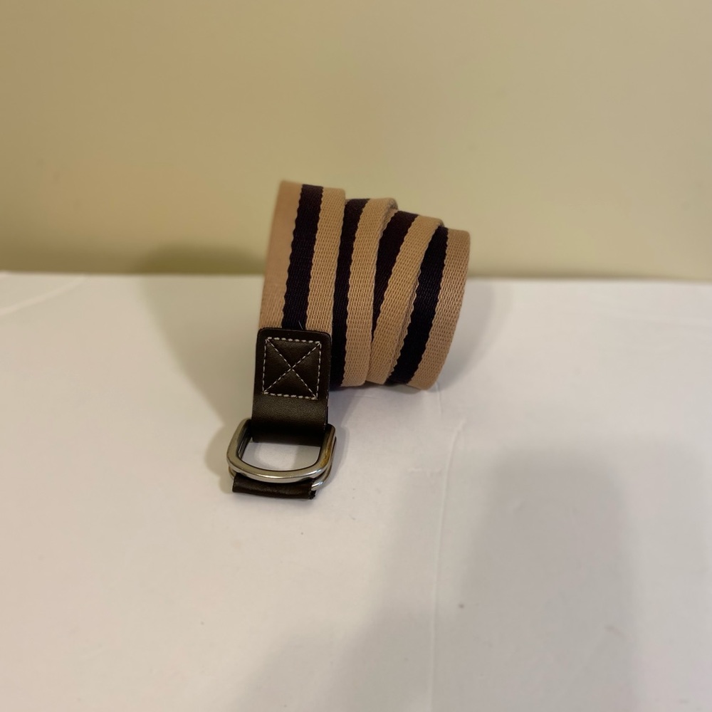 Lands End - Tan/navy striped 1.5” width canvas adjustable double D-Ring, Size: L